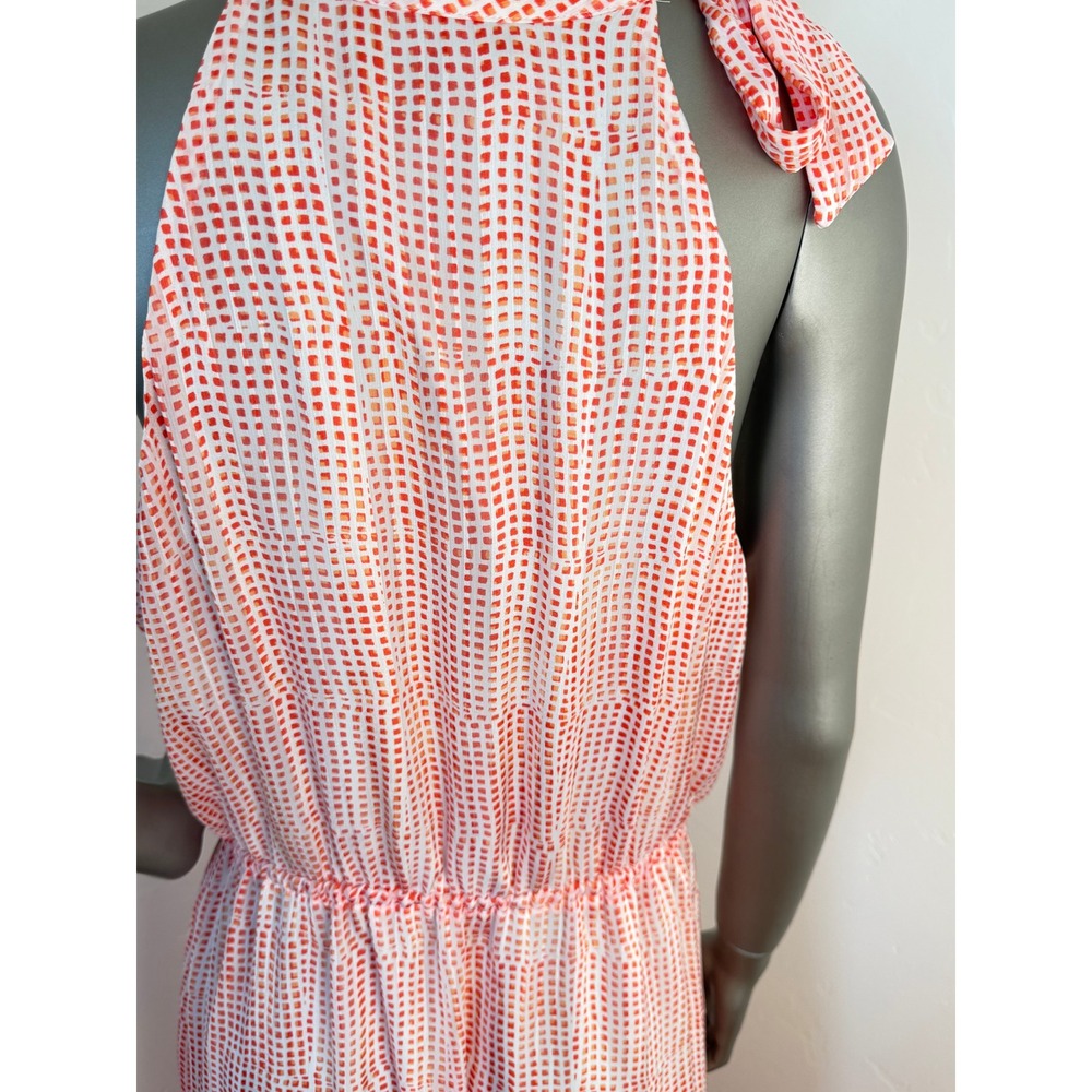 Banana Republic Orange Geo Bow Neck Halter Pleated Silk Feel Maxi Dress Size M - Picture 10 of 11